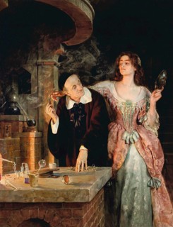An alchemist and a woman in elaborate clothing stand in a medieval laboratory, surrounded by