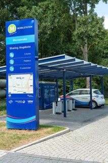E-mobility station, car sharing and e-bike sharing, for all citizens, rental and charging station,
