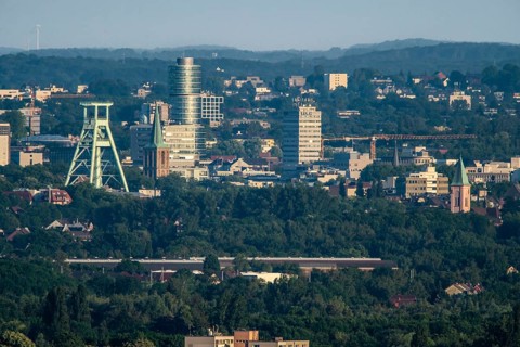 View over the central Ruhr area, from north to southeast, on the skyline of the city centre of