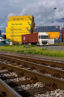 Container of the Chinese goods train operator YXE from Yiwu, China, part of the Silk Road route
