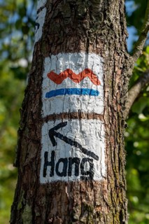 Hiking sign, signpost, logo, of the Zollvereinsteig, hiking trail in the north of Essen, Halde