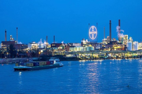 Backdrop of Chempark Leverkusen, Bayer Leverkusen, chemical park, chemical plant, river Rhine,