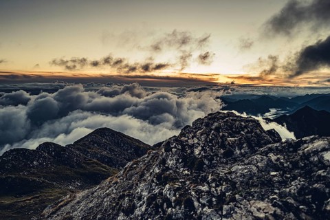 Sunrise hike on the Hochplatte in the Ammergau Alps, Ammergebirge in the Allgäu, Bavaria, Germany,