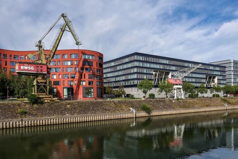 Duisburg, Ruhr area, North Rhine-Westphalia, Germany, Duisburg inner harbour with the wave-shaped