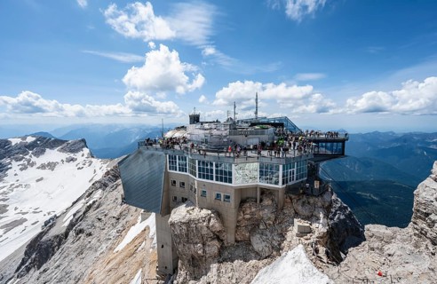Modern mountain station of the Bavarian Zugspitze railway at the summit of the Zugspitze,