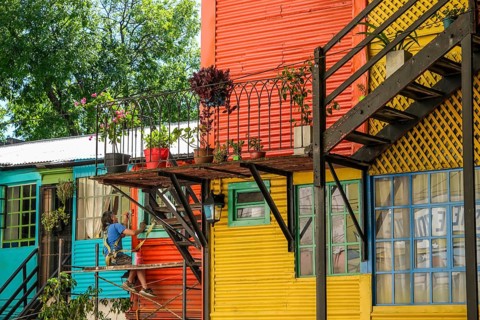 La Boca, Buenos Aires, Argentina, colourfully painted houses in the harbour district around the El