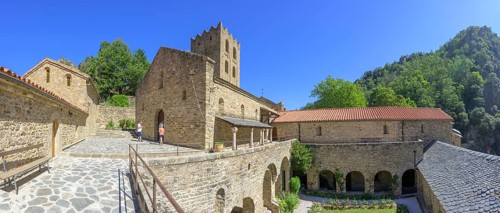 Church and tower of Saint Martin du Canigou Abbey, Casteil, Département Pyrénées-Oriental, France,