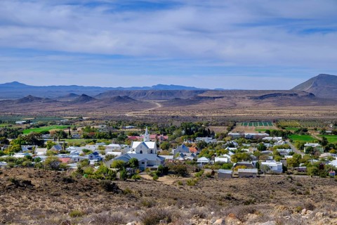 View of Prince Albert, Karoo and Swartberg Mountains from the Gordon Koppie Trail, Western Cape,