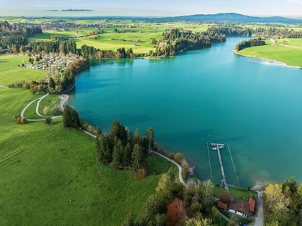 Aerial view of lake Forggensee, near Dietringen, Ammergauer Alpen, Allgaeu, Bavaria, Germany,