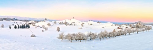 Panorama of a wintery hilly landscape at dawn, Menzingen, Canton Zug, Switzerland, Europe