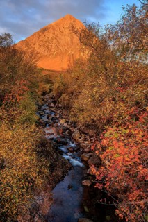 Wild river, autumn colours, morning light, mountain landscape, clouds, Buachaille Etive Mòr,