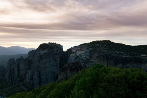 Sandstone formations at dusk, backlight, Meteora, Thessaly, Greece, Europe