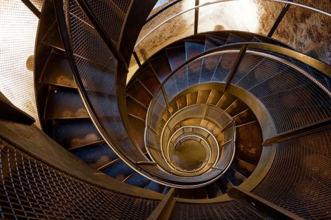 Metal spiral staircase, staircase in the historic city tower, Innsbruck, Tyrol, Austria, Europe
