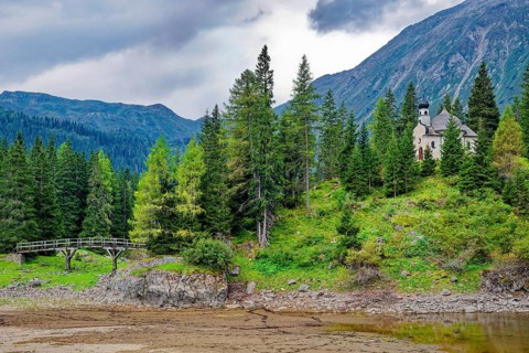 Lake chapel Maria am See, Obernberger See, mountain lake, landscape of the Stubai Alps, weather
