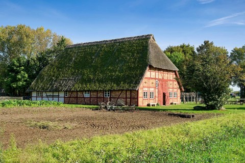 Historic Selmsdorf farmhouse, Klockenhagen open-air museum, historic Mecklenburg village,