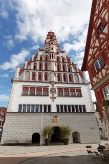 Late Gothic town hall with early Baroque gable, historic old town centre, Bad forest lake, Upper