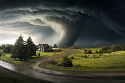 Disaster catastrophe storm concept - tornado in a field in the USA with wooden house and road under