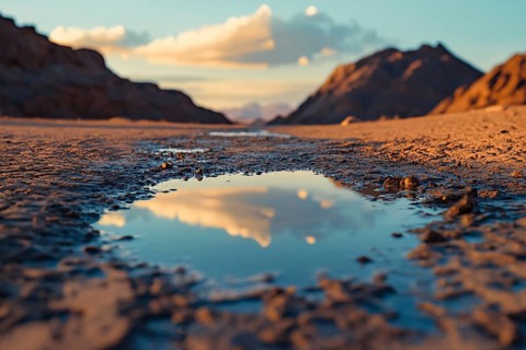 Water puddle in dry desert ground. Drough concept. Generative AI, AI generated