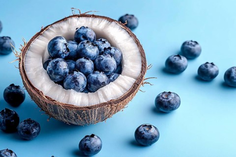 Fresh blueberry fruits in coconut shell on blue studio background. Generative AI, AI generated