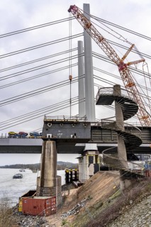 Demolition of the old Rhine bridge Neuenkamp, the A40, behind the first of 2 new bridges, which is