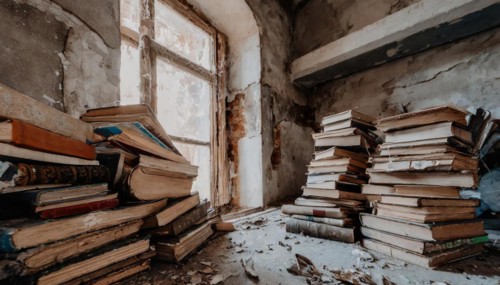 Lots of old books in a dilapidated monastery, antiquarian bookshop, AI-generated, AI-generated, AI
