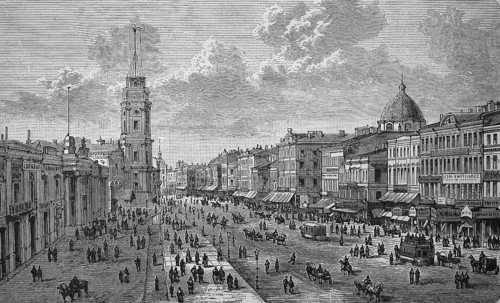 The Nevsky Prospect in Saint Petersburg in Russia, in 1880, Historical, digital reproduction of an