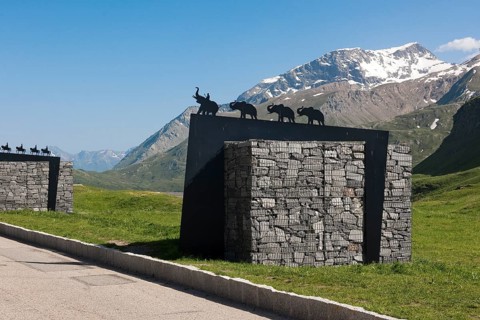 Monument to the crossing of the Alps by the ancient general Hannibal with elephants on the pass
