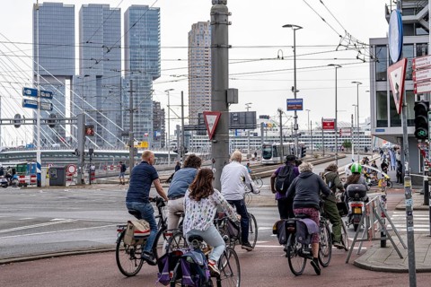 Cyclist on cycle path in front of the Erasmus Bridge over the Nieuwe Maas, skyline of skyscrapers