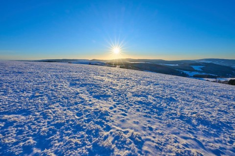 Sunny winter landscape with a wide view and blue sky, Winter, Wasserkuppe, Gersfeld, Rhön, Hesse,