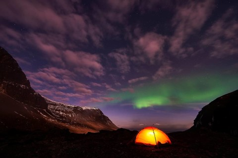 Tent in mountain landscape, Sarek National Park, World Heritage Laponia, Norrbotten, Lapland,