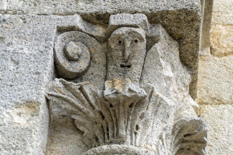 Grimace, face, simple, stone, vault, church, eyes, nose, mouth, Provence, France, Europe