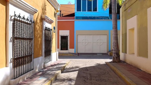 Mexico, Mazatlan, Colorful old city streets in historic city center near El Malecon promenades,