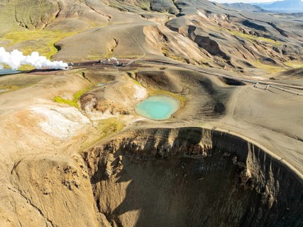 Aerial view of blue lake in the Viti volcano crater at Krafla power plant, Myvatn region, Iceland,