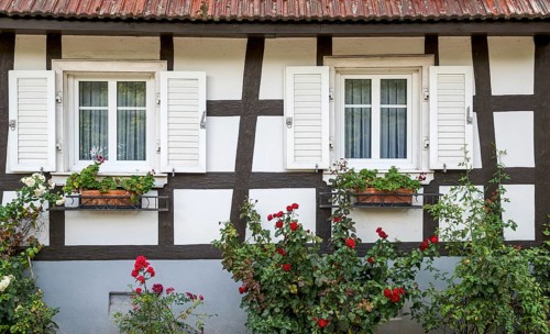 Half-timbered house, façade with windows and roses, Alsace, France, Europe