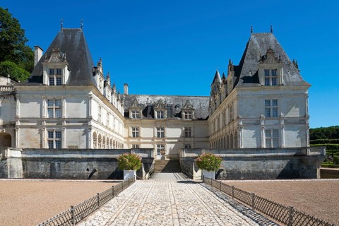 Historic stone castle with imposing architecture and blue sky, Villandry Castle, Renaissance,