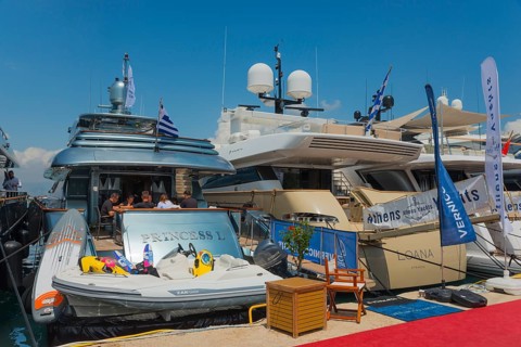 Luxury yachts side by side in the harbour in sunny weather, Mediterranean Yacht Show, harbour,