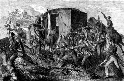 Soldiers capture Napoleon's carriage with the coronation mantle, pursuit of the fleeing French