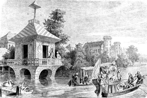 Crown Prince Friedrich and his wife in Rheinsberg, Ruppin, castle, park, lake, open boats, rowers,