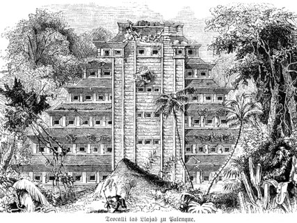 Teocalli las Llajas in Palenque, Central America, Mexico, historical illustration 1880, Central