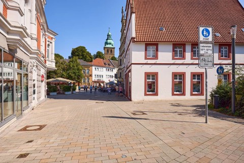 Historic buildings and Protestant town church on the Hallenbrink in Bad Salzuflen, Lippe district,