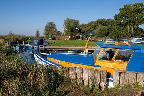 Fishing harbour on the Achterwasser, Zempin, Usedom Island, Baltic Sea, Mecklenburg-Western