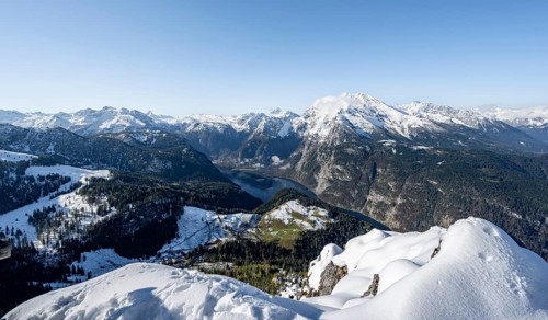 View of Königssee and Watzmann with snow in autumn, from the Jenner, Berchtesgaden National Park,
