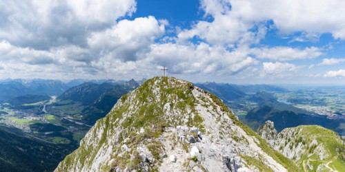 Panorama from the Säuling, 2047m, on Reutte in Tyrol, Austria, and Füssen, Ostallgäu, Bavaria,