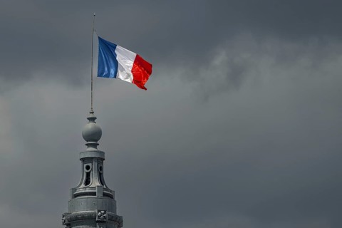 The French national flag, tricolour, on the Grand Palais, Paris, Île-de-France, France, Europe