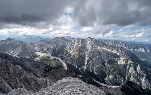 View of Wimbachgries valley and mountain panorama with rocky mountain peak of Hochkalter, at