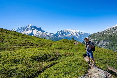 Mountaineer on hiking trail, mountain panorama with glaciated mountain peaks, Aiguille Verte with