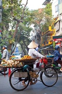 Vietnamese street vendor with conical hat and bicycle in the Old Quarter of Hanoi, Vietnam, Asia