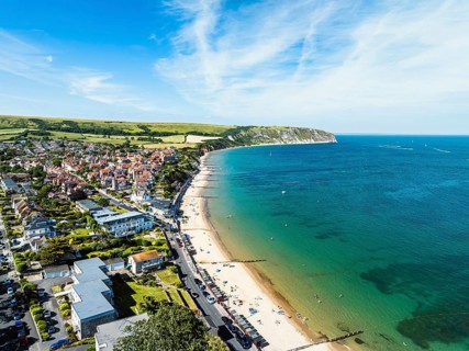 Swanage and Swanage Bay from a drone, Jurassic Coast, Dorset Coast, Poole, England, United Kingdom,