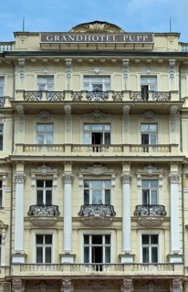 Art Nouveau window front at the Grandhotel Pupp in the spa district, Karlovy Vary, Bohemia, Czech