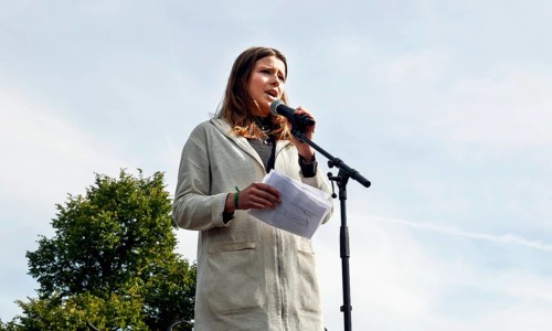 Luisa Neubauer speaks during the Fridays for Future demo. Fridays for Future demands on all